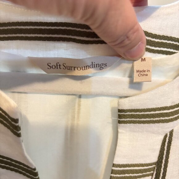 Soft Surroundings Linen Cotton Bell Sleeve Split V Neck Striped Shift Dress - Picture 3 of 10